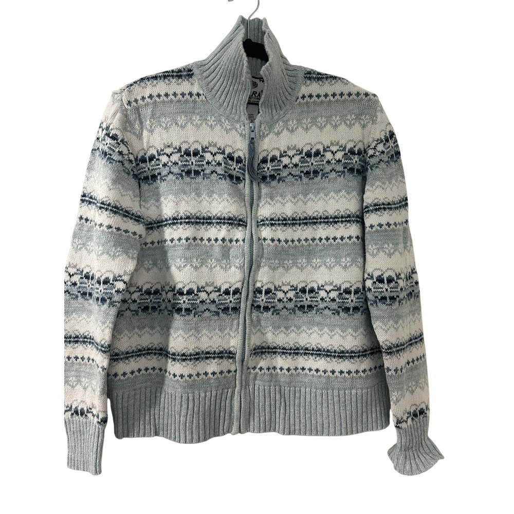 Tiara International Blue White Fair Isle Full Zip Cardigan Sweater Mock Neck M